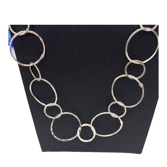 Handcrafted Silver Circle Link Artisan Necklace Hammered Abstract Statement 28" - Picture 1 of 7